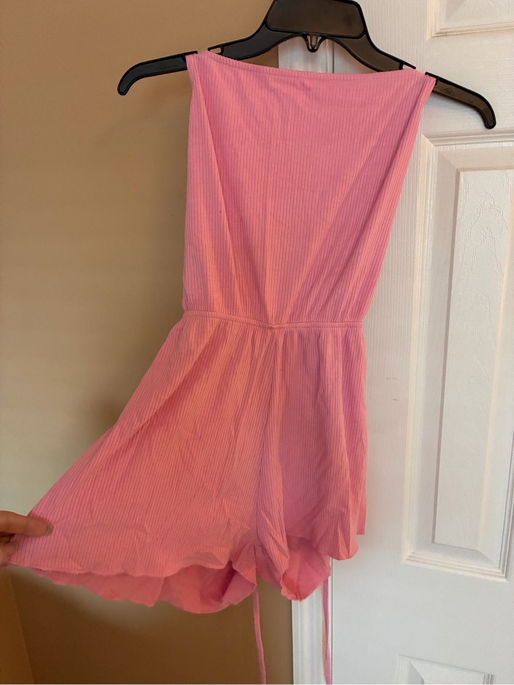 Pink Ribbed Lace-Up Open-Back Romper - Picture 6 of 6